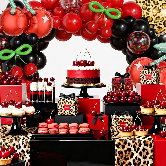 JOGAMS 174Pcs Betty Party Decorations,Cheetah Print Red and Black Party Decorations with Confetti Cherry Cheetah Print Green 260 Balloons for Bachelorette Birthday Baby Shower Vintage Retro Party