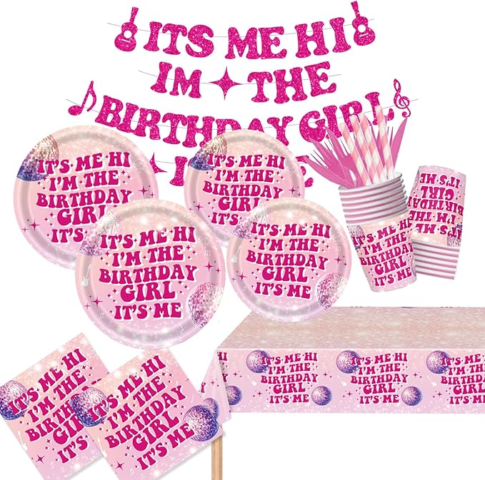 194 Pcs Its Me Hi Im The Birthday Girl Its Me Party Supplies Serve 24, Includes Plates, Cutlery, Tablecloth & Banner for Music Birthday Theme Decorations