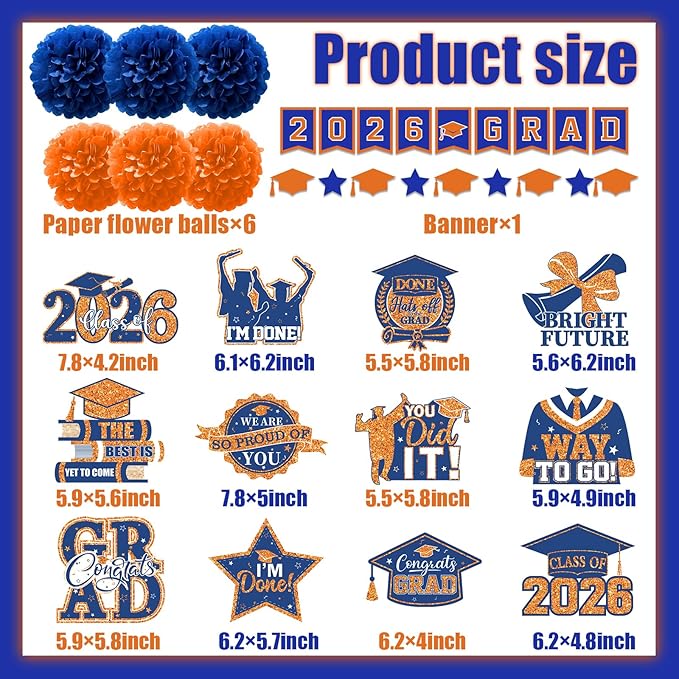 Orange and Blue Graduation Decorations, Grad Banner and Congrats Grad Hanging Swirls, Orange and Blue Graduation Banner Graduations Hanging Swirls College Graduations Party Decorations Class of 2026