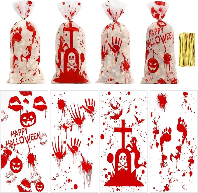 100 PCS Halloween Cellophane Treat Bags(5x11 Inch) with Ties Horror Ghost Blood Theme Trick or Treat Bag Goodie Candy Gifts Bags Pouches for Halloween Wicked Party Favors Supplies Birthday Decorations