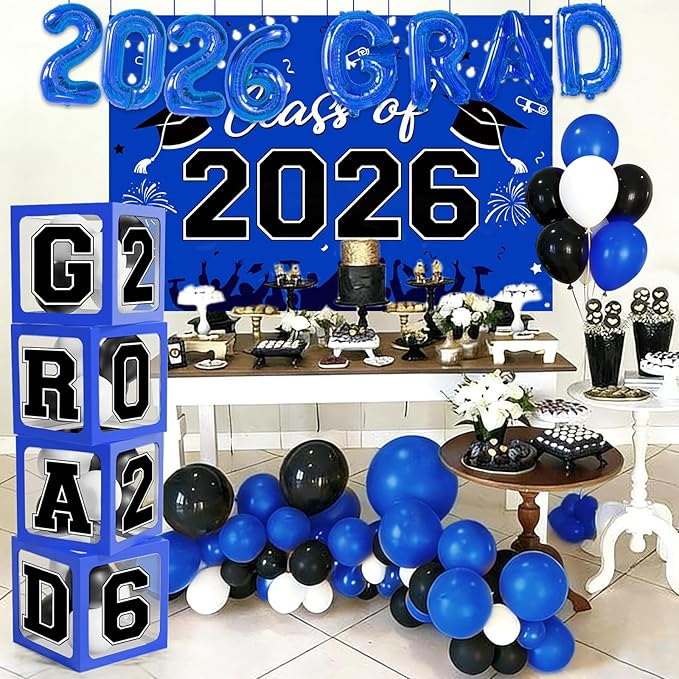 Graduation Decorations Class of 2026-123pcs Blue Black Graduation Party Decorations include Balloon Boxes with Letters, Balloon Arch Kit and Backdrop for 2026 Grad Party Supplies