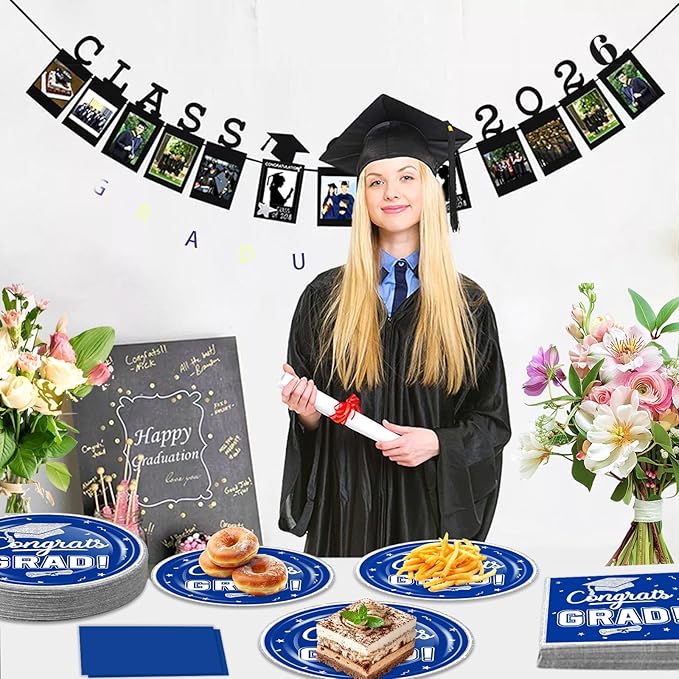 OuMuaMua 2026 Graduation Party Dinnerware Supplies - 200 Pcs Blue White Graduation Disposable Plates and Napkins for 2026 College High School Graduation Party Decorations, Serves 50