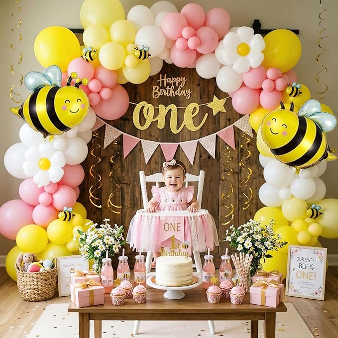 Bee Balloons Garland Arch Kit 134 pcs yellow pestal pink balloon Arch with bee daisy balloons for Baby Shower Lemonade Birthday Honeybee Party Decor