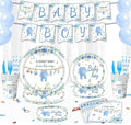 Blue Baby Boy Shower Party Supplies Tableware Sets,Includes Disposable Plates, Napkins, Cups,Straws,Cutlery, Balloons, Banner, and Tablecloth for Party Baby Shower Birthday Decorations,Serves 20