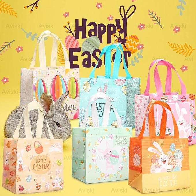 6PCS Happy Easter Egg Hunt Bags Easter Bunny Carrot Chick Egg Gift Bags with Handles, Easter Treat Bags, Multifunctional Non-Woven Bags for Gifts Wrapping, Egg Hunt Game, Easter Party Supplies,