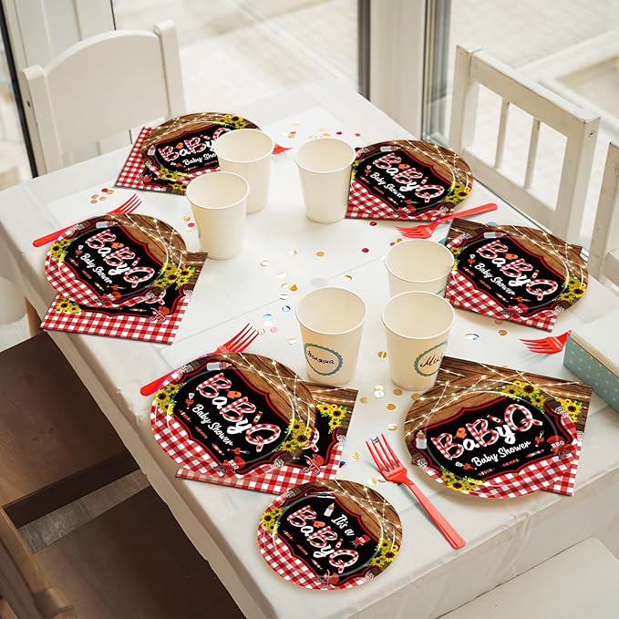 96 Pcs BBQ Baby Shower Decorations, It’s A BabyQ Party Plates and Napkins Supplies Set Sunflower Rustic Wood Barbecue Baby Shower Gender Reveal Picnic Party Disposable Tableware Kit, Serves 24