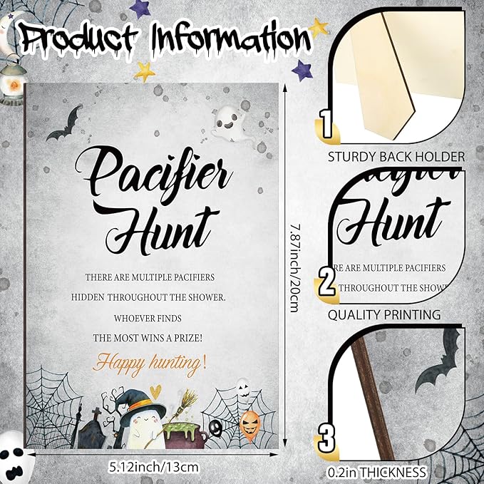 Thyle 51 Pcs Pacifier Hunt Baby Shower Games Include Hunt Sign and 50 Acrylic Pacifiers for Baby Shower Game Decoration Gift Sets Gender Reveal Party Decor(Halloween)
