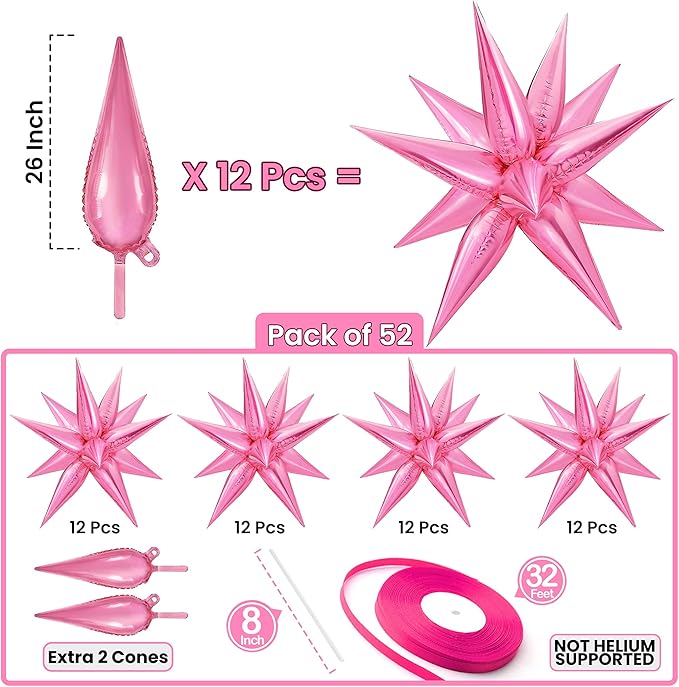 Katchon, Large Pink Star Balloons - 50 Pieces, 26 Inch | Pink Starburst Balloon | pink Spike Balloons for Baby Shower Decorations | Metallic pink Balloon for Bachelorette, Sweet 16 Party Deorations