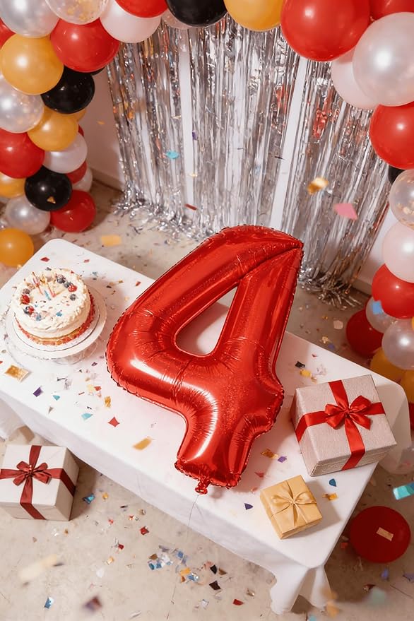 Laser Red 4 Balloon, Number Balloons 40 Inch, 4th Birthday Decorations for Girls Four Large Numbers for Party Decor, Number 4 Balloon