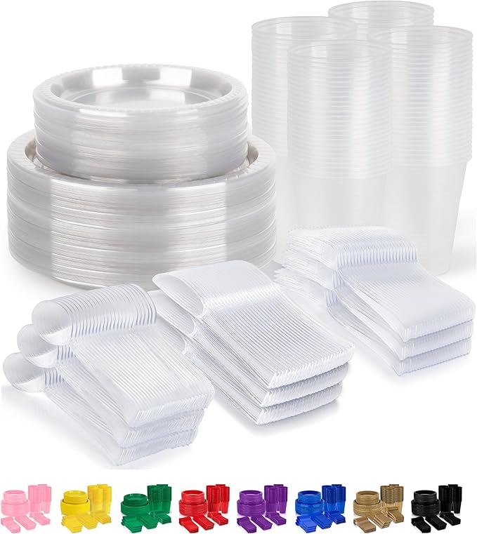 Grandipity 720 Piece Clear Disposable Dinnerware Set, Plastic Dinnerware Set Includes 120 Count 9' Dinner Plates, 7' Dessert Plates, 12oz Cups, Forks, Knives & Spoons