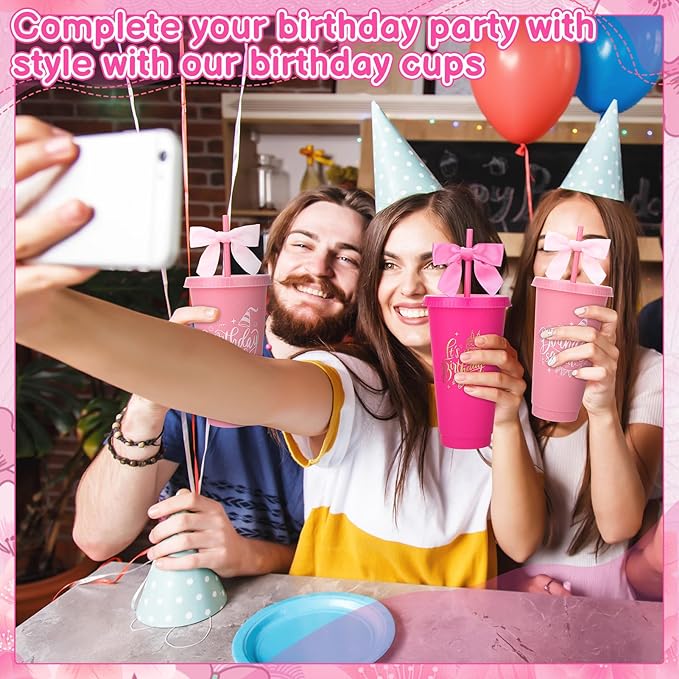 12 Pcs Birthday Party Tumblers, 24 oz Reusable Plastic Cups with Lids and Straws and Bows for Birthday Decorations Party Favor Pink