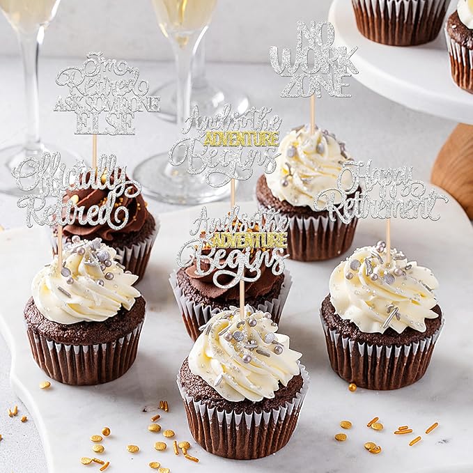 30 PCS Happy Retirement Cupcake Toppers Officially Retired No Work Zone Adventure Begins Cupcake Picks for Retirement Theme Farewell Birthday Party Cake Decorations Supplies Silver