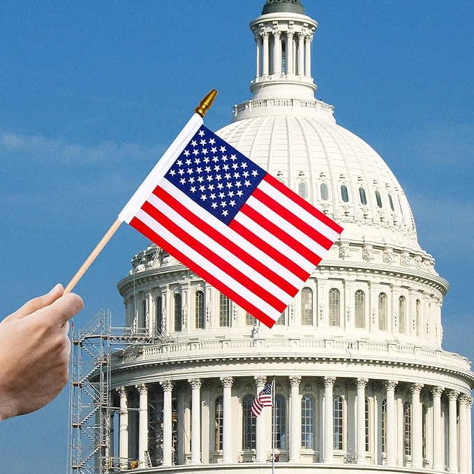 HOOSUN 6 Pcs Small American Flags On Stick,4th of July Decorations Small USA Flag On Stick,Mini 4''x6'' American Flags for Outside,Fourth of July Flag for Yard Lawn,Patriotic Memorial Day Decorations