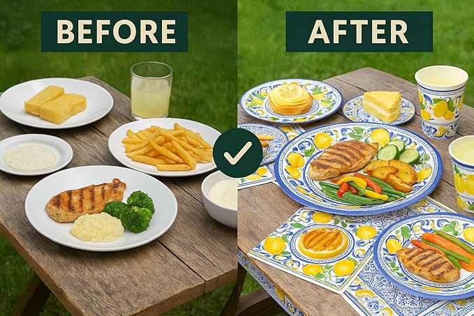 Elegant Disposable Tableware Set | 81 Pcs | Serves 20 Guests l 20 Extra Thick Paper Party Plates + 20 Cups + 20 Napkins + 1 Large Tablecloth | Perfect for Events, Baby Showers, Weddings & Picnics.