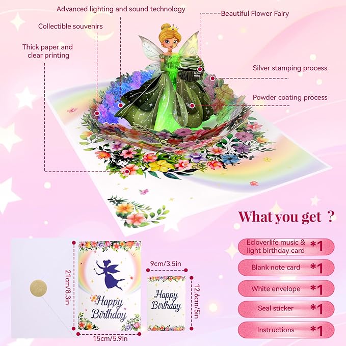 Birthday Card, 3D Pop-Up Birthday Card for Girls, Musical Birthday Card with Colorful Lights, Fairy Birthday Card for Girls, Daughters, and Granddaughters