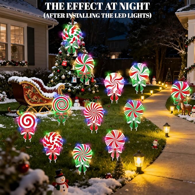 12 PCS Christmas Candy Yard Signs with LED Lights, Peppermint Lollipop Xmas Outdoor Decorations with Stakes, Christmas Garden, Yard, Lawn, Patio, Pathway Decor