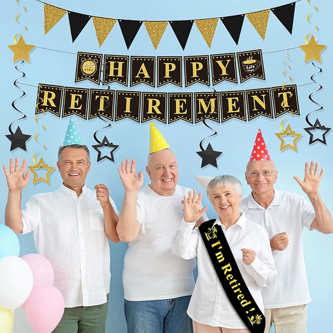Retirement Party Decorations Black and Gold Happy Retirement Banner Gold Glitter Pennant Flag Banner Star Hanging Swirls and Sash Retired Party Supplies Office Farewell Party Decorations for Men Women