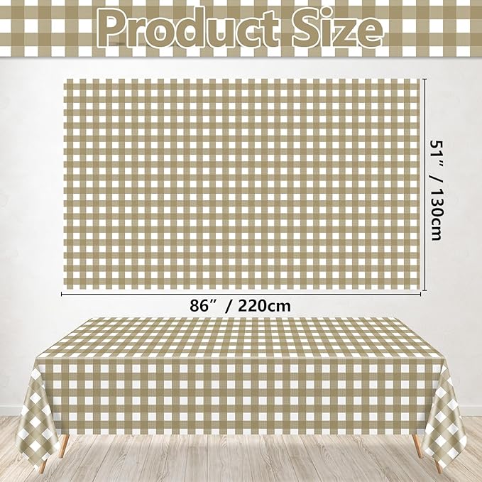 4 Pack Khaki Tablecloths, Khaki and White Checkered Tablecloths 86 x 51 Inches Gingham Tablecover Rectangular Waterproof Picnic Table Covers for Birthday Party Supplies