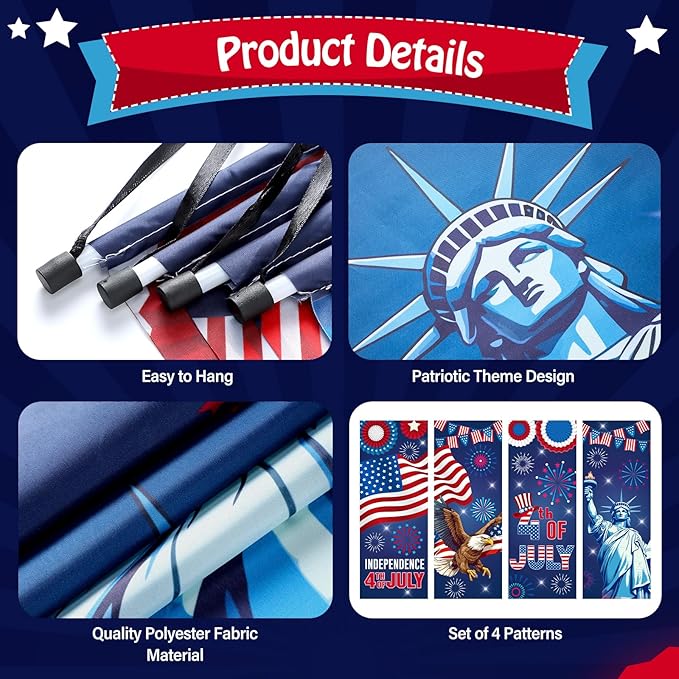 Panelee 4 Pcs 4th of July Decorations Patriotic American Flag Eagle Porch Banner Independence Day Hanging Banner Porch Signs for Independence Memorial Veterans Day Wall Indoor Outdoor Decor(Patriotic)