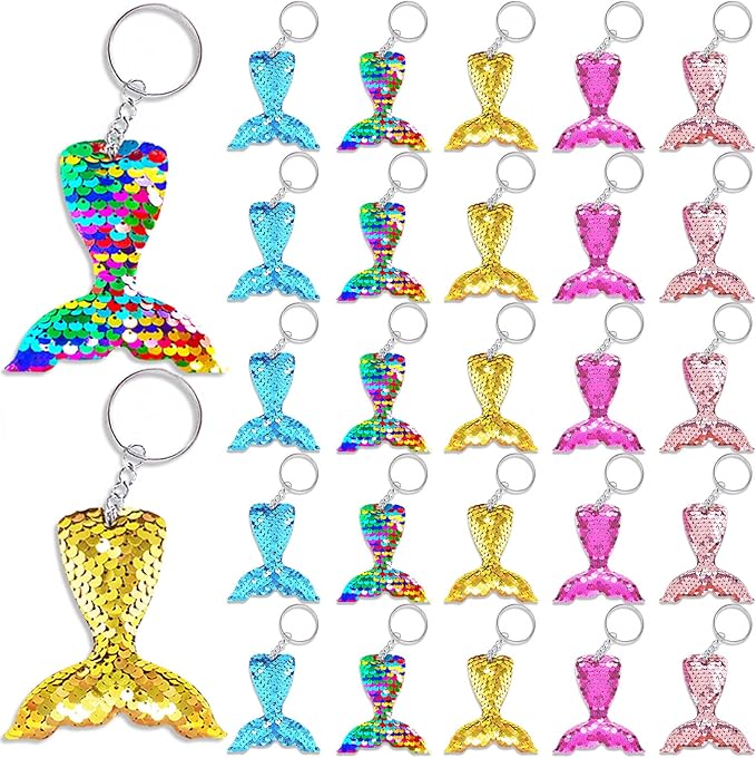 CiciBear 25 Pack Mermaid Tail Sequin Keychains for Ocean Themed Party Favors, Kids and Adults Birthday Gift, Baby Shower,Mermaid Party, 5 Colors