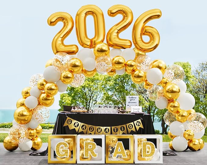 Graduation Party Decorations Class of 2026, 86PCS White & Gold Graduation Party Supplies High School College Grad Balloon Boxes with Letter, Foil Curtain, LED String Light, Balloon Garland Kit