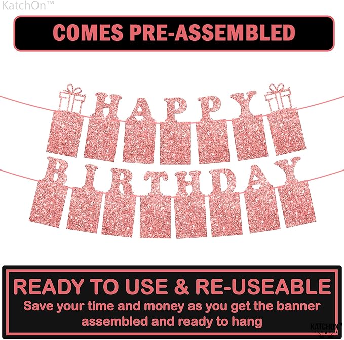 KatchOn, Glitter Rose Gold Happy Birthday Banner - Big 10 Feet, Pre Assembled | Happy Birthday Photo Banner for Sweet 16 Party Decorations | Rose Gold Birthday Banner for Happy Birthday Decorations