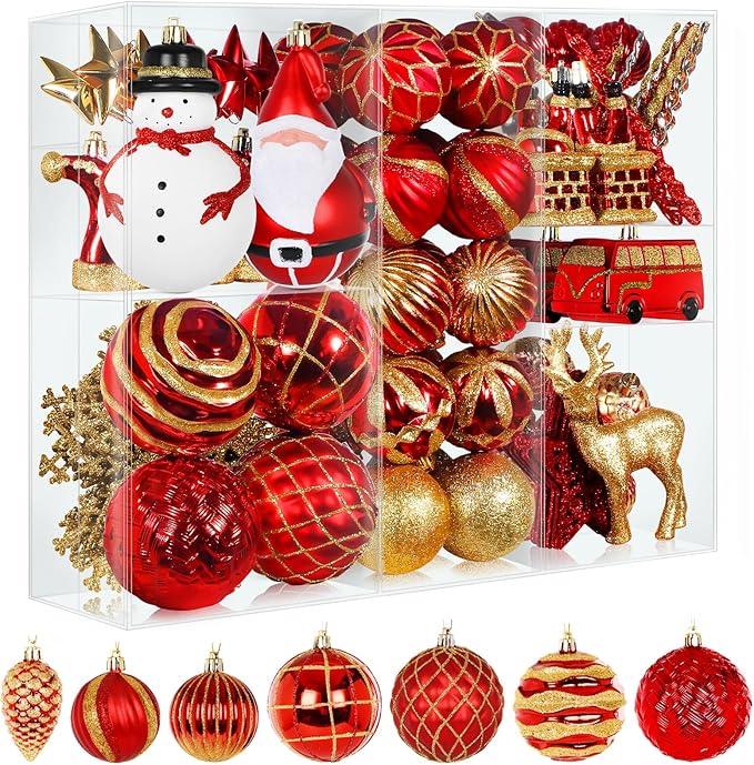 Alupssuc 100 Pcs Christmas Ball Ornaments Set, Santa Claus and Snowman Christmas Decoration Baubles for Indoor Outdoor Holiday Wedding Party Decoration Tree with Hanging Rope, Red & Gold