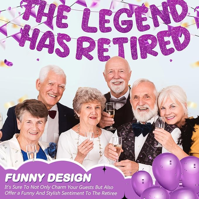 Fulmoon Pre Strung the Legend Has Retired Glitter Banner 9.8 ft Retirement Banner Retirement Party Decorations Garland Bunting for Men Women Gifts, No DIY(Purple)