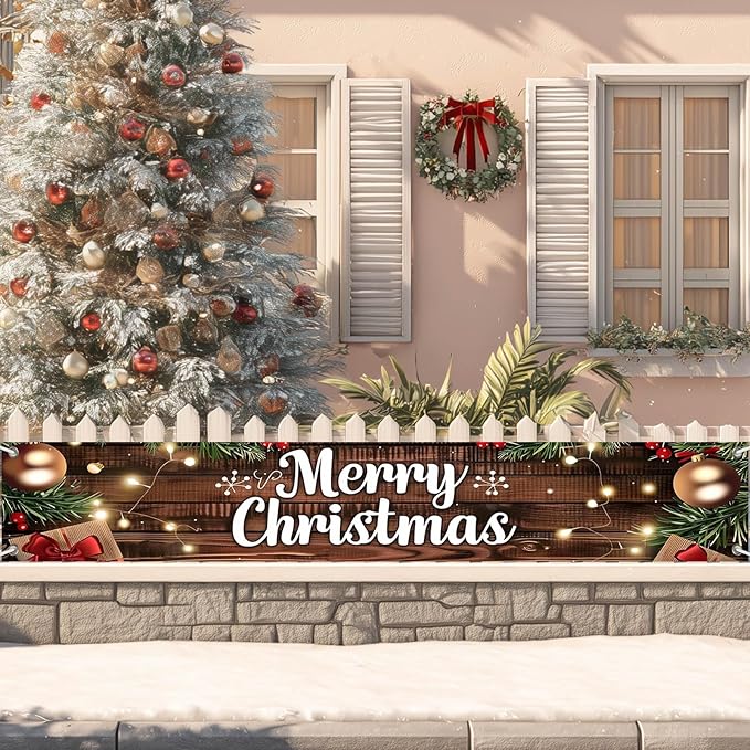 Merry Christmas Decorations Banner 118x20 Inch Polyester Fabric Tree Branches Presents s for Indoor Outdoor Garden Fence Outdoor Porch sign Party Supplies Banners
