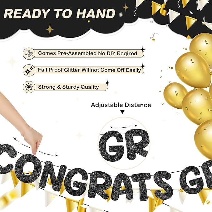 Fulmoon Pre Strung Congrats Grad Banner Glitter Congratulations Banner College Graduation Sign Class of 2026 Grad Party Decorations for High School University Graduation Party Favor(Black)
