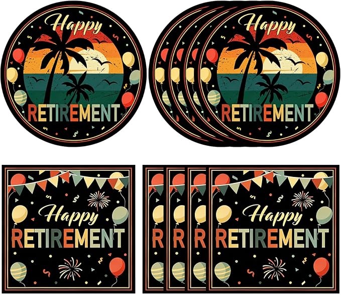 40Pcs Retirement Decorations for Men Women,Colorful Vintage Retirement Party Supplies Table Decor Disposable Retirement Party Plates and Napkins Set for Office Retired Farewell Decor, Serve 20