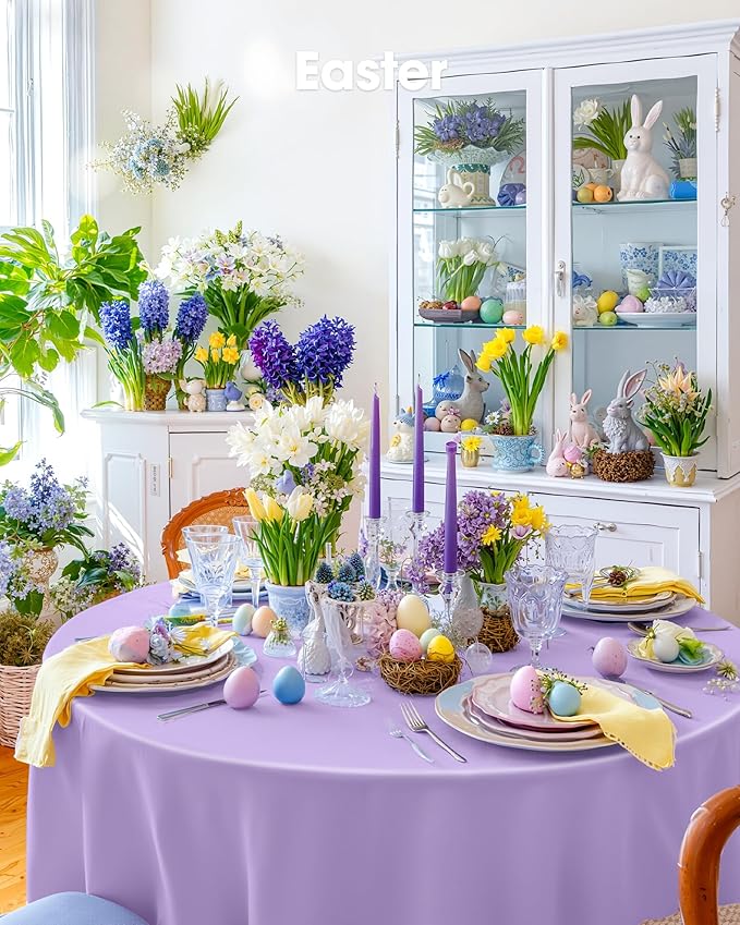 Pureegg Plastic Table Cloth Disposable 10 Pack, 84'' Round Table Cloths, Easter Party, Decorative Tablecloths, Round, Light Purple, Pastel, Plastic Cover, Leakproof & Sturdy, Lilac, Lavender