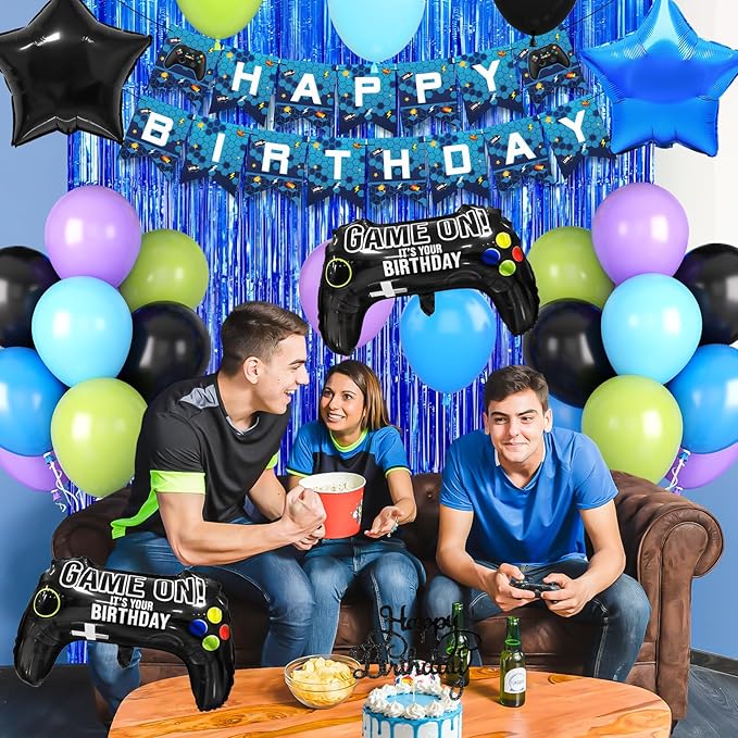Video Game Birthday Party Decorations for Boys, Black Blue Purple Green Balloons Happy Birthday Banner Cake Topper Game Foil Balloon Blue Fringe Curtain for Kids Boys Men Birthday Party Decor