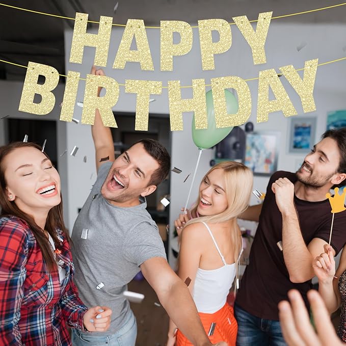 Pre-Strung Happy Birthday Banner Sign - NO DIY, Glitter - Gold Birthday Party Banner for Women Men Girls Boys