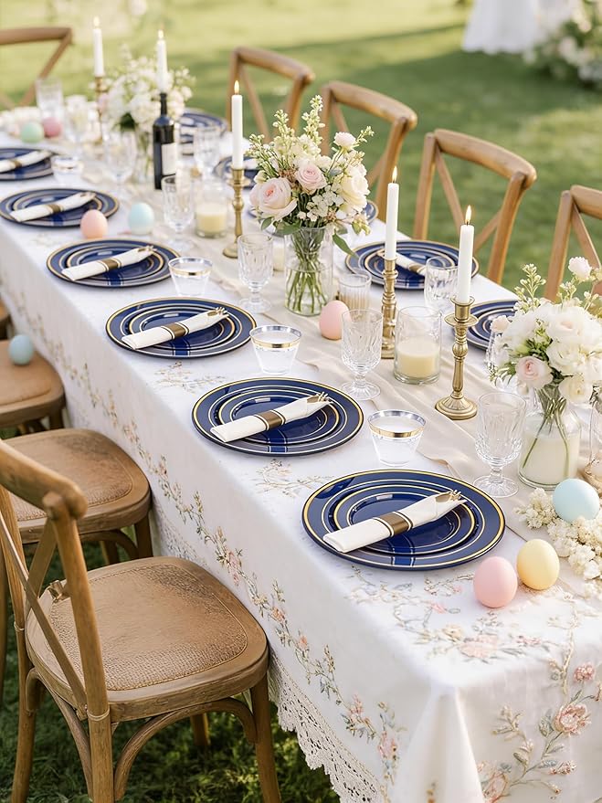 175PCS Blue and Gold Plastic Plates - Navy Blue Plates with Pre Rolled Napkins for Party - 25Guest Disposable Dinnerware Sets for Party/Birthday/Wedding/Passover/Easter
