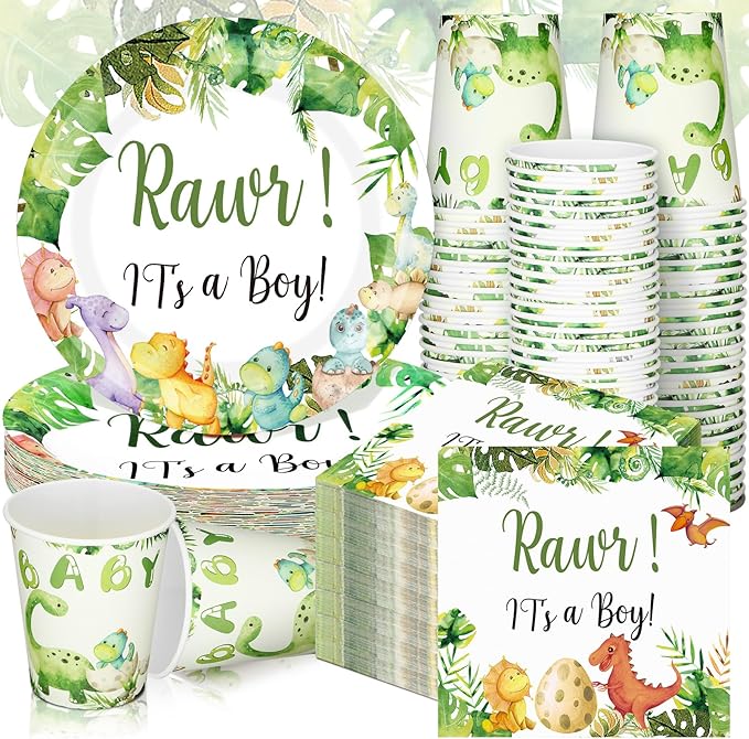 200 Pcs Dinosaur Baby Shower Paper Plates Napkins Cups Baby Shower Party Supplies Tableware Set Dinosaur Disposable Cup Napkin for 50 Guest Girls Spring Party Decoration