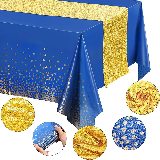 Irenare Tablecloth and Sequin Table Runner Set Polka Dots Confetti Table Cover Dining Plastic Tablecloths Glitter Decorations for Birthday Wedding Anniversary Party Supplies(Blue, Gold,2 Pcs)