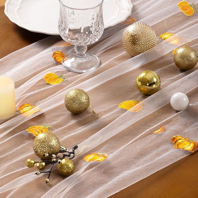 Socomi 3pcs Falll Thanksgiving Table Runner Pumpkin Leaf Tulle Gauze Cheesecloth Embroidery Sheer Table Runners for Wedding Party Baby Shower Birthday Holiday Picnic Home Decor