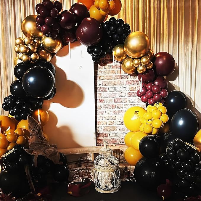Black Burgundy Gold Balloon Arch Kit, Maroon Black Gold Balloons Garland, Clear White Red Metallic Balloons with Stars Balloon for Birthday Retirement Graduation Celebrations Class of 2025 Party Decor