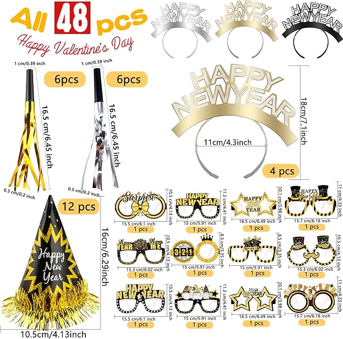 48 Pack Happy New Year Party Favor Set with New Year Headband Paper Eyeglasses Cone Hats and Glitter Fringed Noisemakers for New Year Eve Party Favors