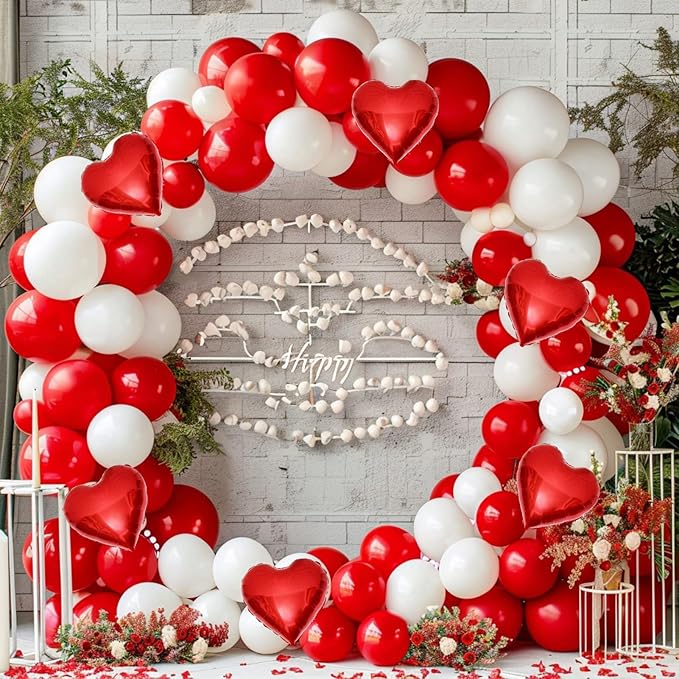 Red White Balloon Garland Arch Kit, 160Pcs Red and White Balloons with Heart Foil Balloons for Romantic Wedding Birthday Party Bridal Shower Valentines Day Decorations