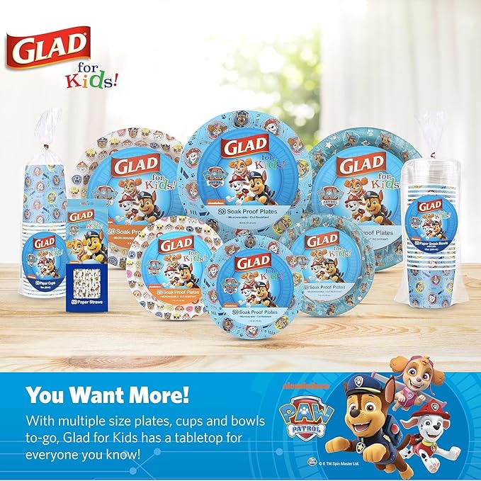 Glad for Kids Paw Patrol Disposable Paper Plates, Heavy Duty Soak Proof Microwavable Kids Plates for Parties, Birthdays, and Everyday Meals, Core Pups Blue, 7 Inch, 20 Count - 5 Pack