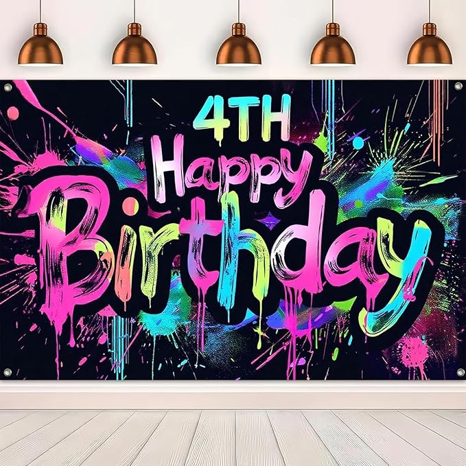 Neon 4th Birthday Party Banner 71x43 Inch Paint Splatter Walls Decor for Kids Boys Girls Four Years Celebration Photo Booth Dynamic Background Glow in The Dark Backgrounds