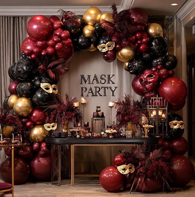 Burgundy Black Gold Balloon Garland Double Stuffed Dark Red Gold Maroon Black Balloon Arch Kit for Birthday Graduation Anniversary Prom Party Decoration