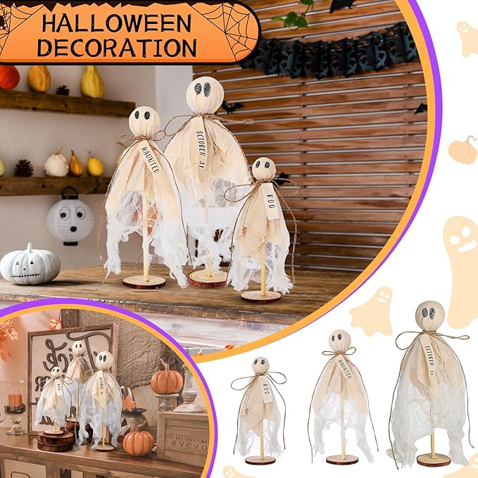 Summerween Decoration Halloween Decorations Indoor - 3 Set of Primitive Ghosts on Wooden Stand for Table Centerpieces Tiered Trays Shelves Mantels Home Halloween Décor