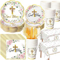 Pickmesh 194 Pcs God Bless Baptism Party Decoration Girl for 24, Pink Floral Baptism Paper Plate Napkin Cup Tablecloth Cutlery First Holy Communion Tableware for Christening Baby Shower Supply