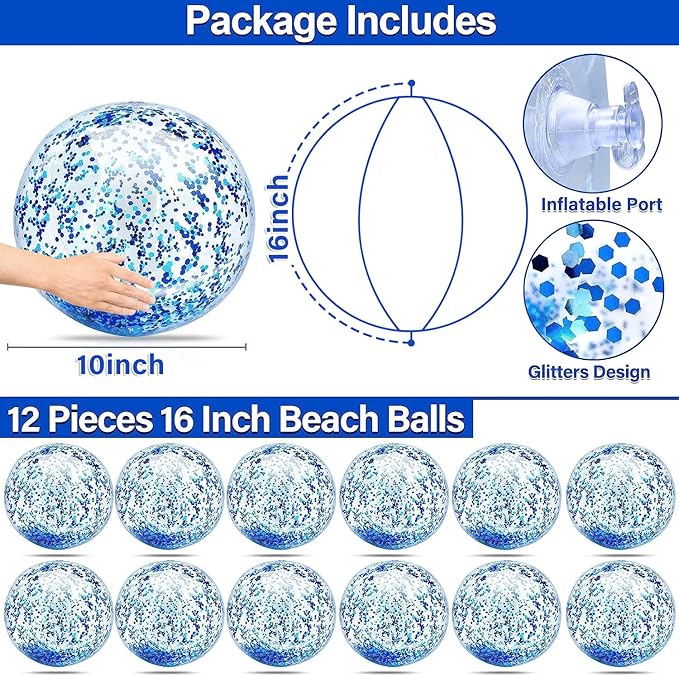 12 Pack Inflatable Glitter Beach Balls Bulk - 16" Beach Ball Swimming Pool Toys for Games Adults Kids, Summer Pool Beach Party Decoration,Luau Decorations Essential Blow Up Beach Ball (Blue,Glitter)