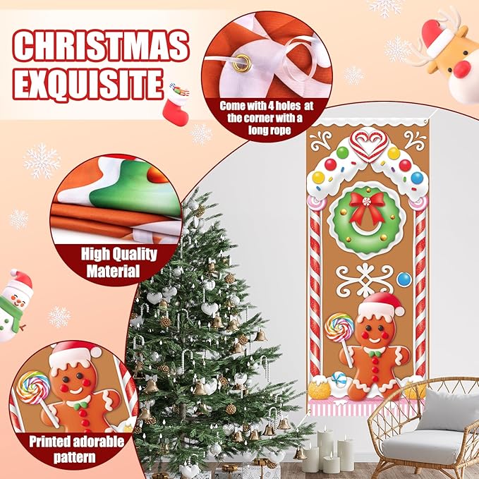 Christmas Gingerbread House Door Cover Decorations - Gingerbread Door Banner for Candyland Party Backdrop Decor Indoor Outdoor, 72×30 Inches