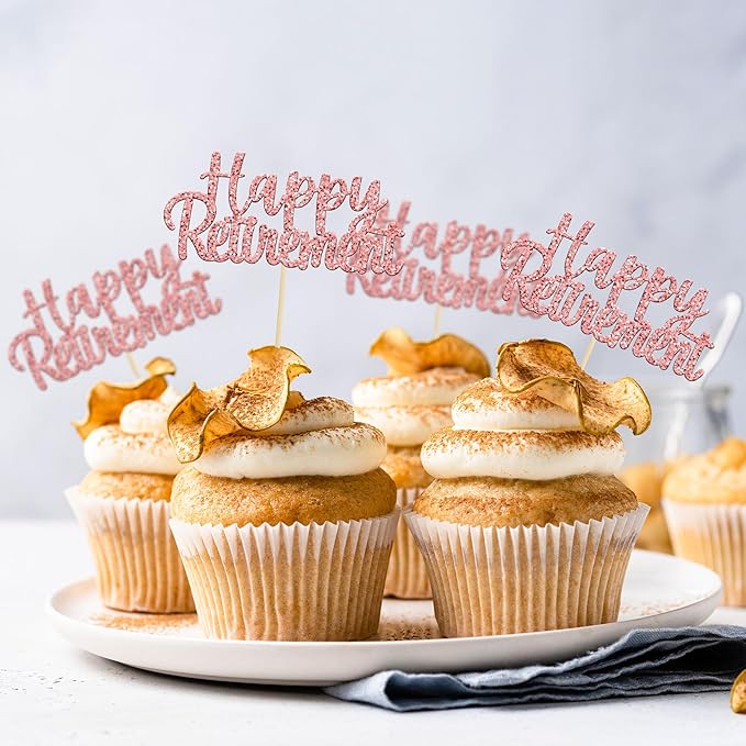 Gyufise 36 Pack Happy Retirement Cupcake Toppers Glitter Retired Cupcake Picks Retirement Theme Birthday Party Cake Decorations Rose Gold