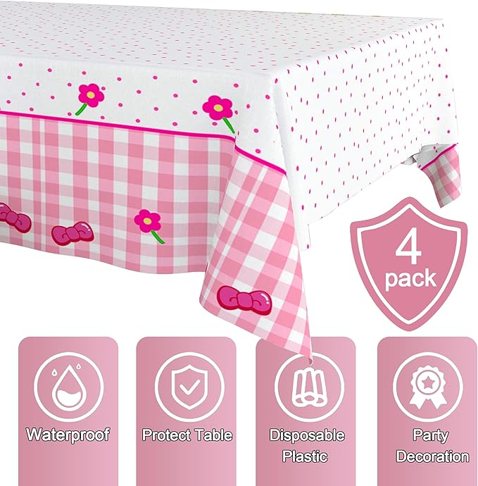 Pink Bow Flower Tablecloth 4 Packs, Pink White Gingham Cute Plastic Tablecloths Disposable Birthday Party Decoration, 54" x 108" Waterproof Tablecloth for Girls Birthday Princess Party Supplies